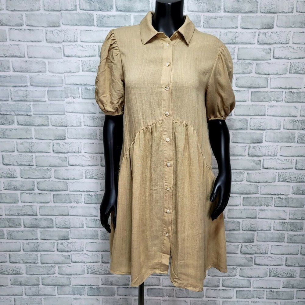 Nasty Gal Size S Beige Puff‎ Sleeve Smock Mini Shirt Dress Button Up Lightweight